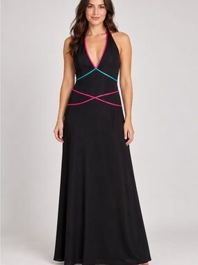 Vintage Dusk Black Maxi Dress 7/8 Pink Teal Trim Y2K Formal